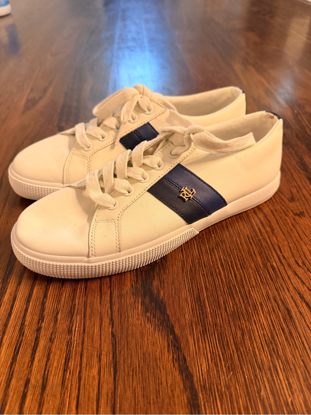 Lauren by RL White Leather Low-Top Sneakers with Navy Accent - Women